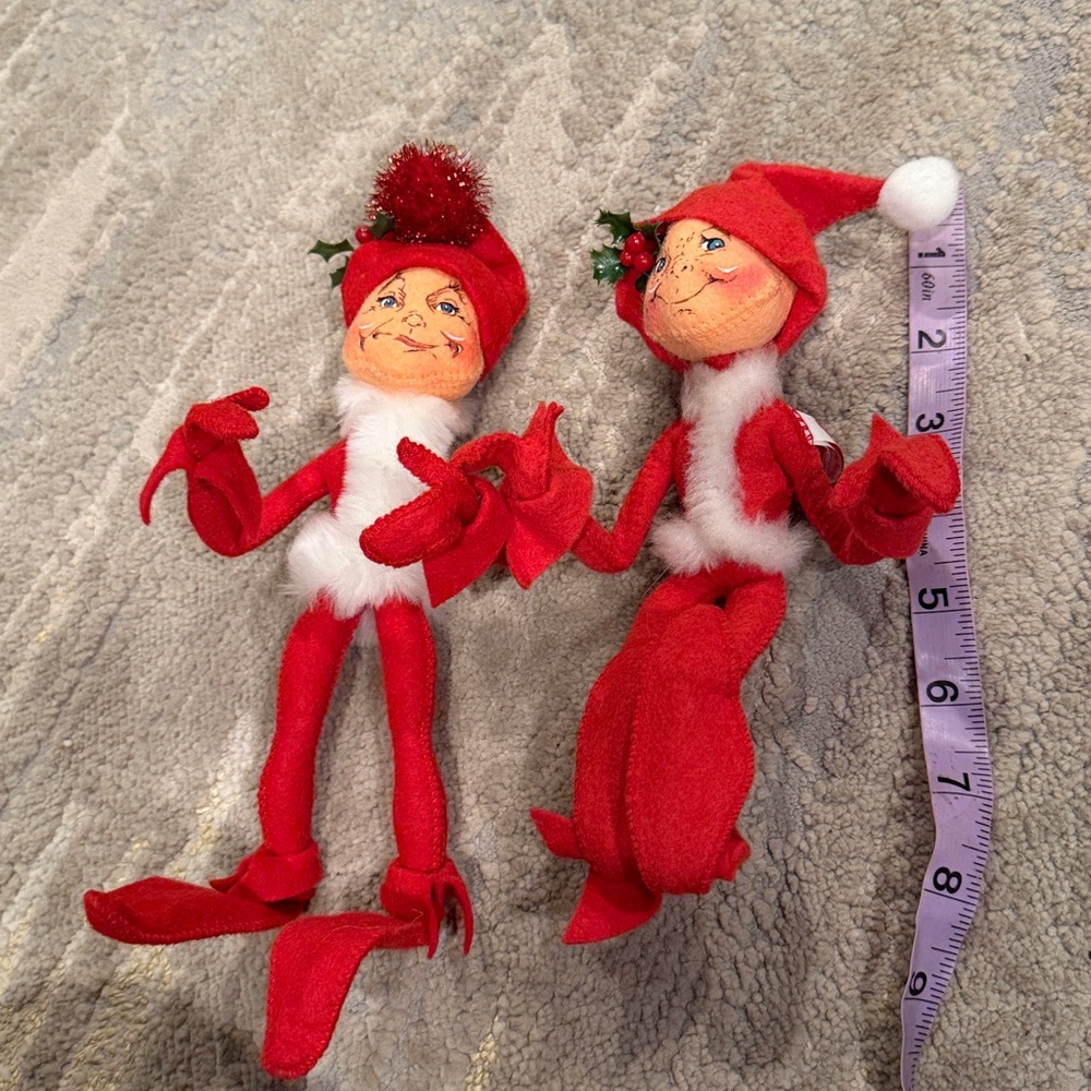 2 Vintage Elf Annalee Doll 8” with Santa’s hat - USA Made Pixie Tag